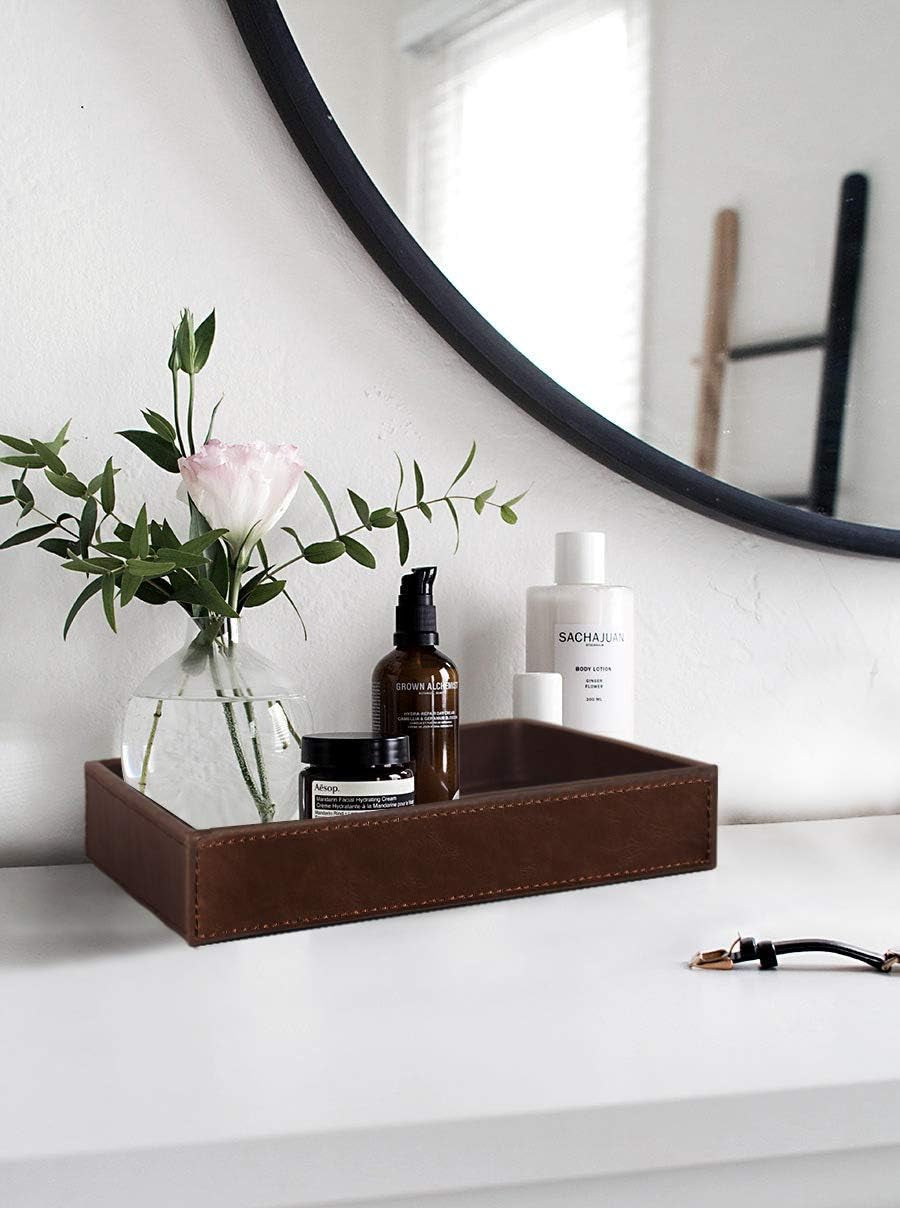 Decorative Vanity Tray, Desktop Storage Organizer, Catchall Tray, Valet Tray, Nightstand or Dresser Organizer, PU Faux Leather Bathroom Tray, Brown, 10.2 X 8.4 X 1.8 Inches