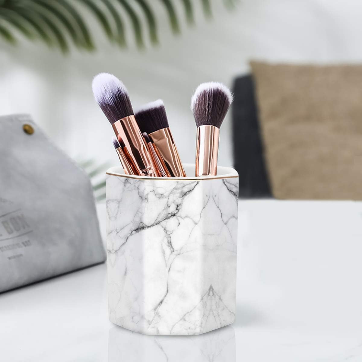 Pen Holder, Stand for Desk Pencil Cup for Girls Kids Durable Ceramic Desk Organizer Makeup Brush Holder for Office, Classroom, Home, White Marble