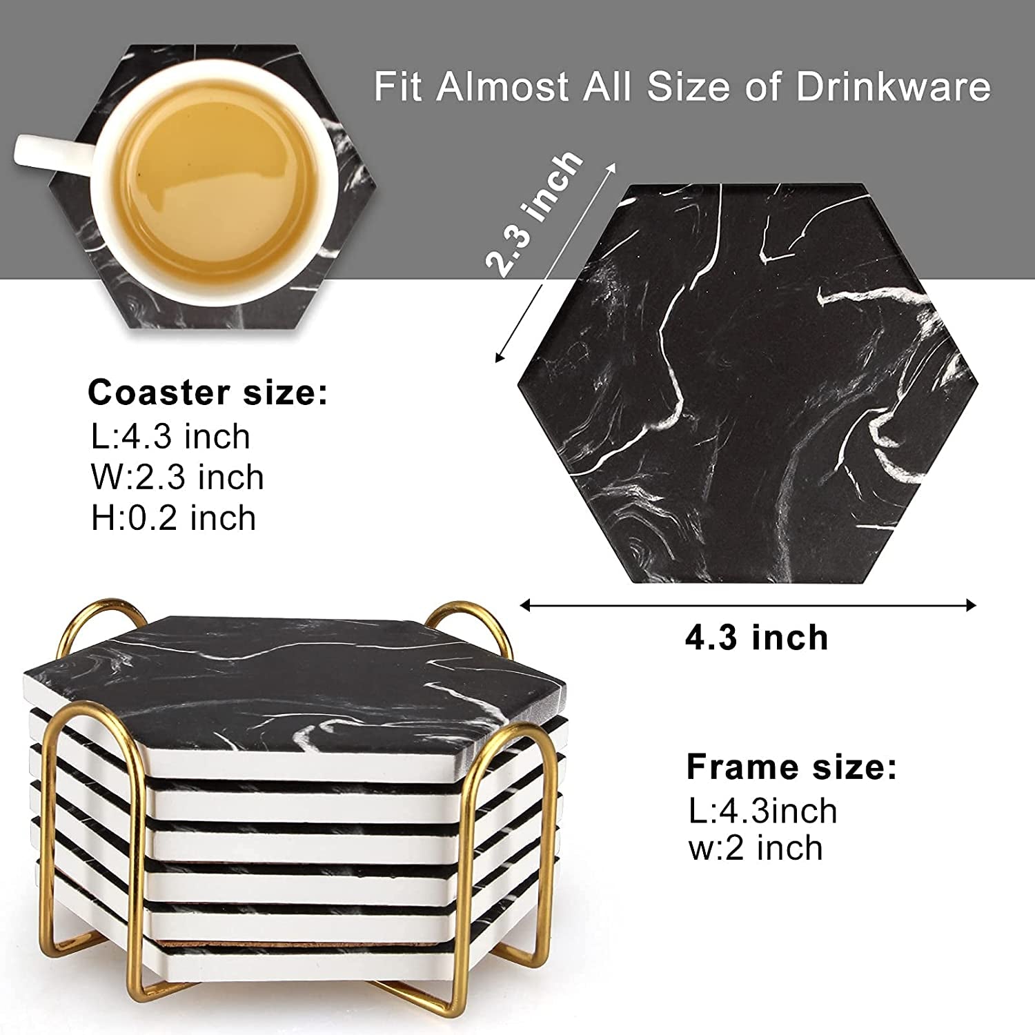 Cool Black Marble Coaster Set with Holder Hexagon Absorbent Coasters Modern Ceramic Coster 6 Pack Best Stone Drink Coaster Beverage Coffee Table Decor Funny Bar Desk Cup Coasters