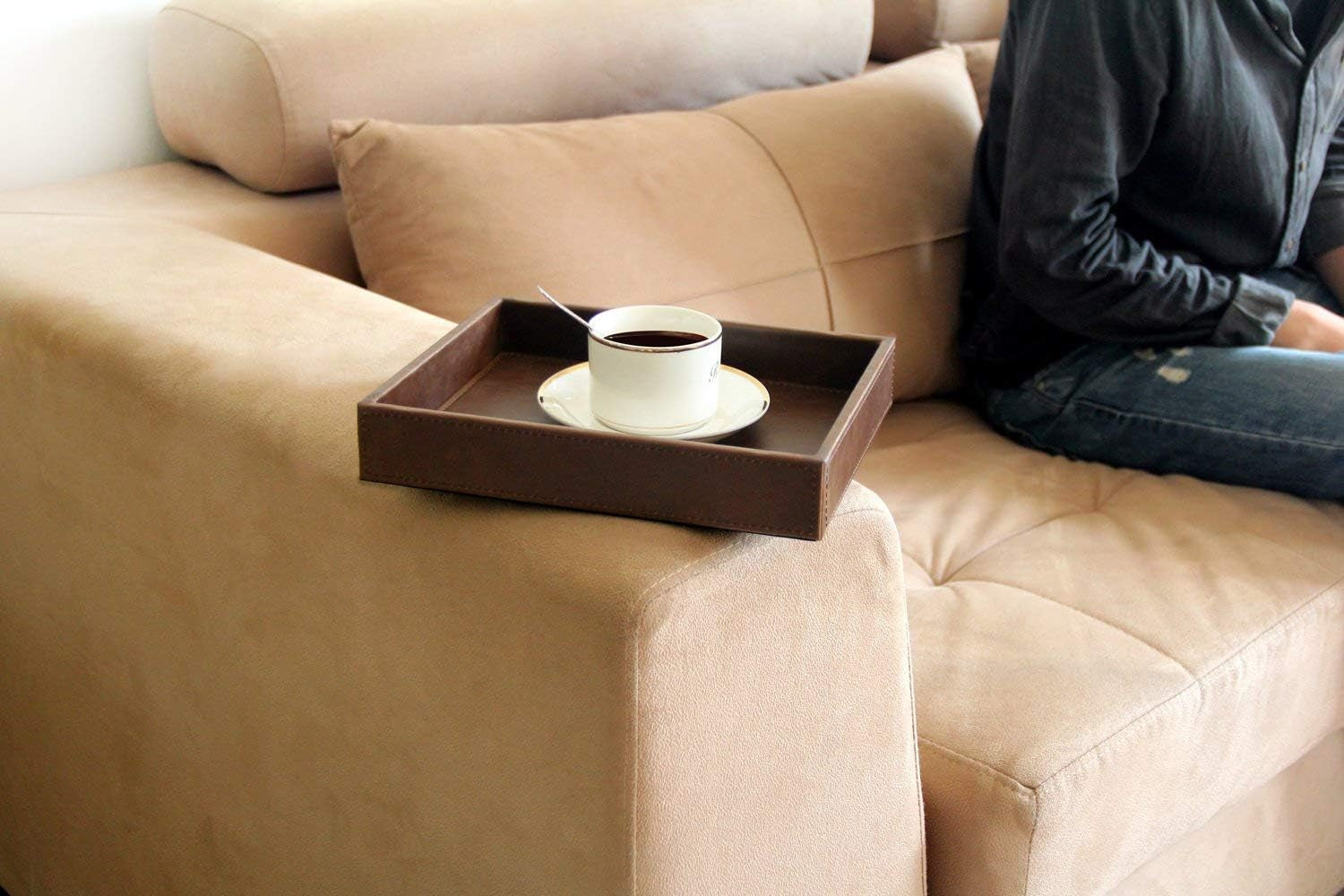 Decorative Vanity Tray, Desktop Storage Organizer, Catchall Tray, Valet Tray, Nightstand or Dresser Organizer, PU Faux Leather Bathroom Tray, Brown, 10.2 X 8.4 X 1.8 Inches