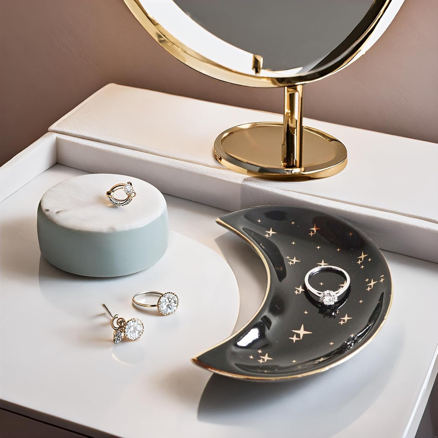 Small Moon Jewelry Dish Tray, Decorative Ceramic Trinket Dish, Modern Accent Tray for Vanity, Black