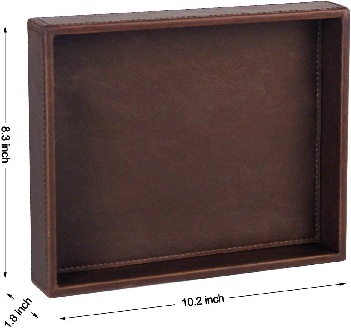 Decorative Vanity Tray, Desktop Storage Organizer, Catchall Tray, Valet Tray, Nightstand or Dresser Organizer, PU Faux Leather Bathroom Tray, Brown, 10.2 X 8.4 X 1.8 Inches
