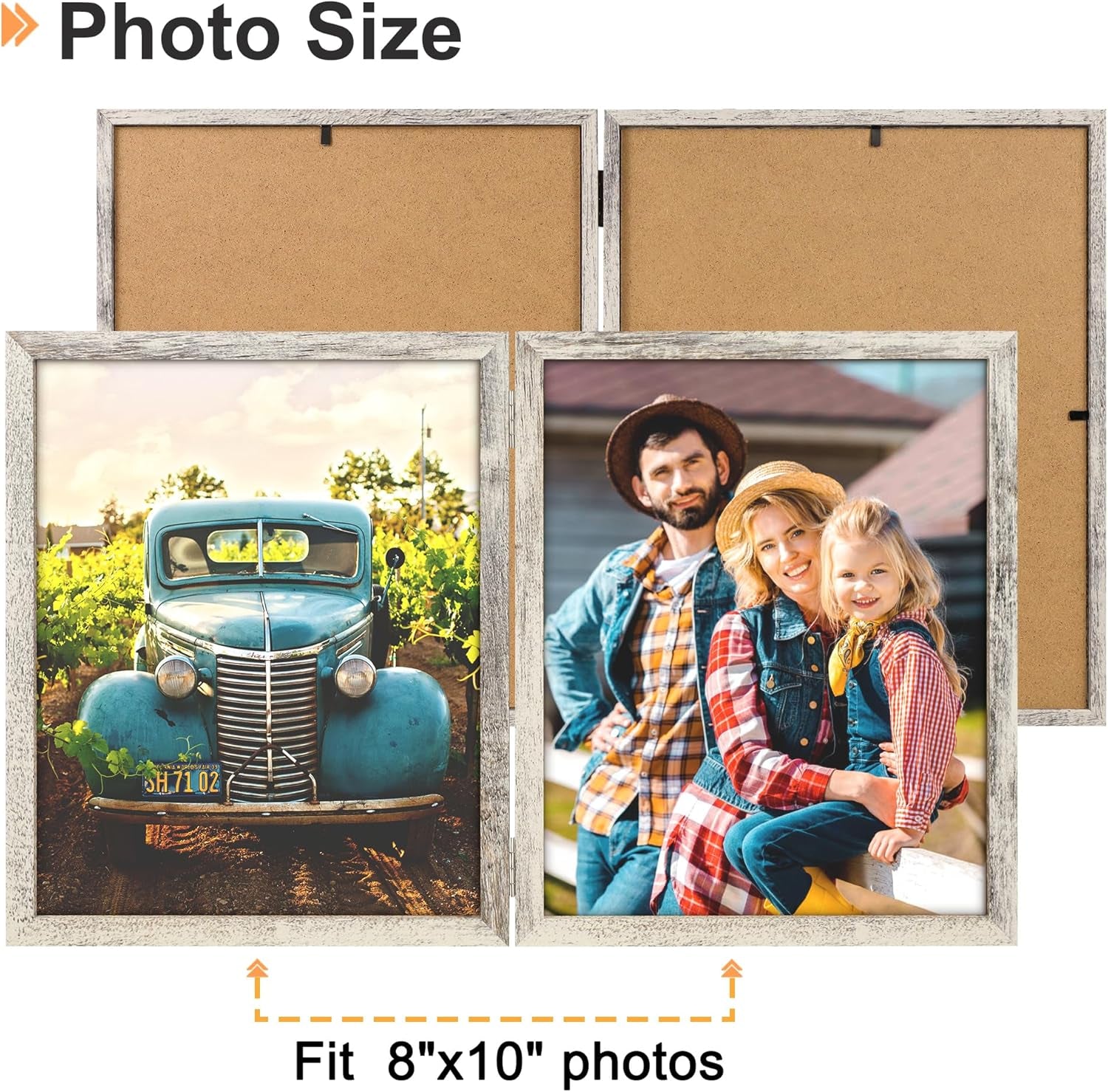 8X10 Picture Frames Double Hinged Wood Folding Photo Frames Vertical with Plexiglass Front, Distressed White