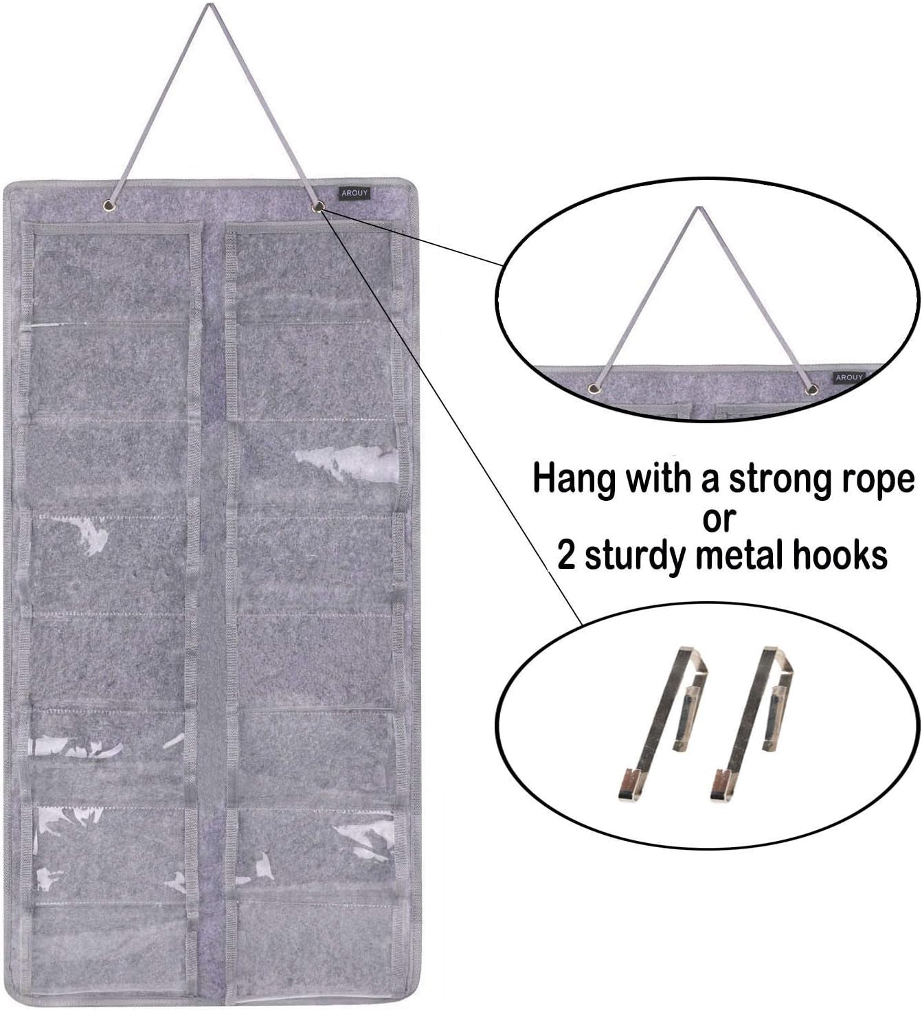 Sunglasses Organizer - Hanging Wall Pocket with 16 Felt Slots, Metal Hook and Sturdy Rope (Gray, Dust Proof)
