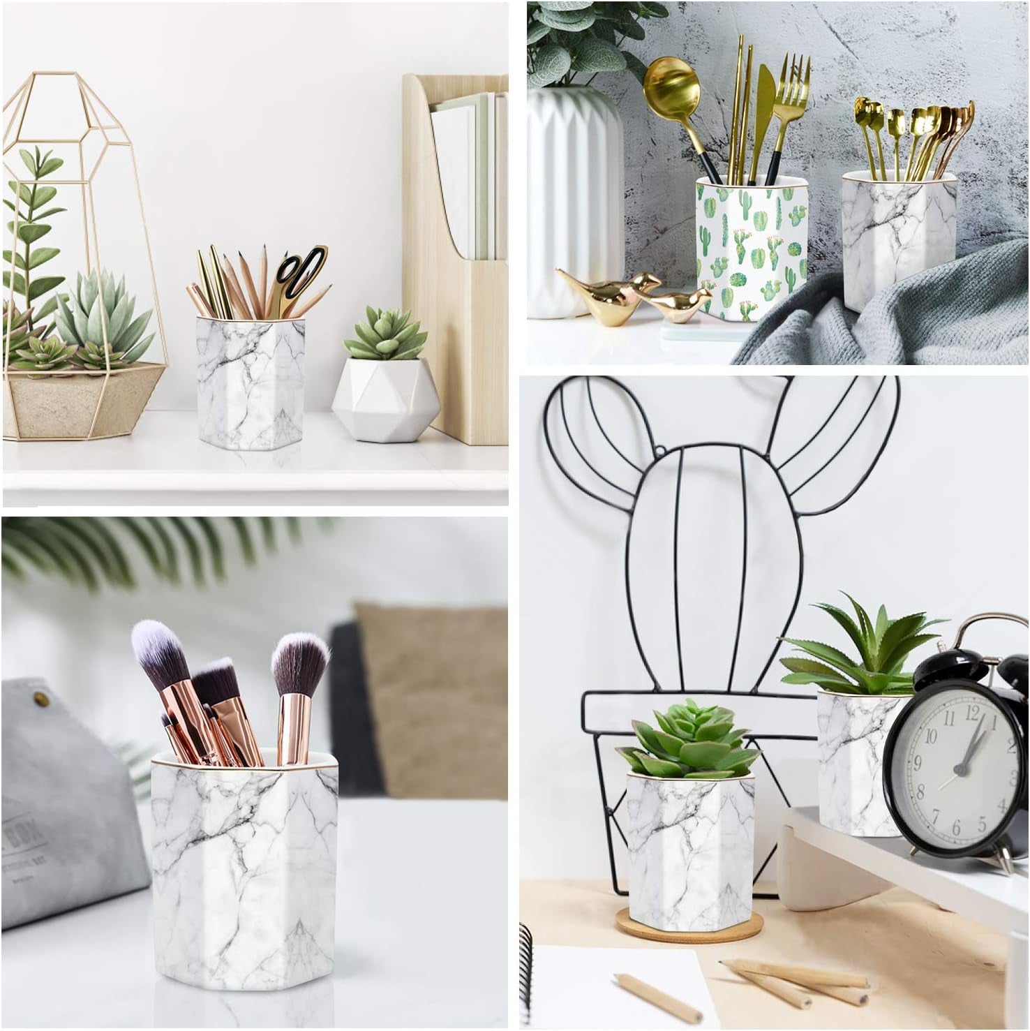 Pen Holder, Stand for Desk Pencil Cup for Girls Kids Durable Ceramic Desk Organizer Makeup Brush Holder for Office, Classroom, Home, White Marble