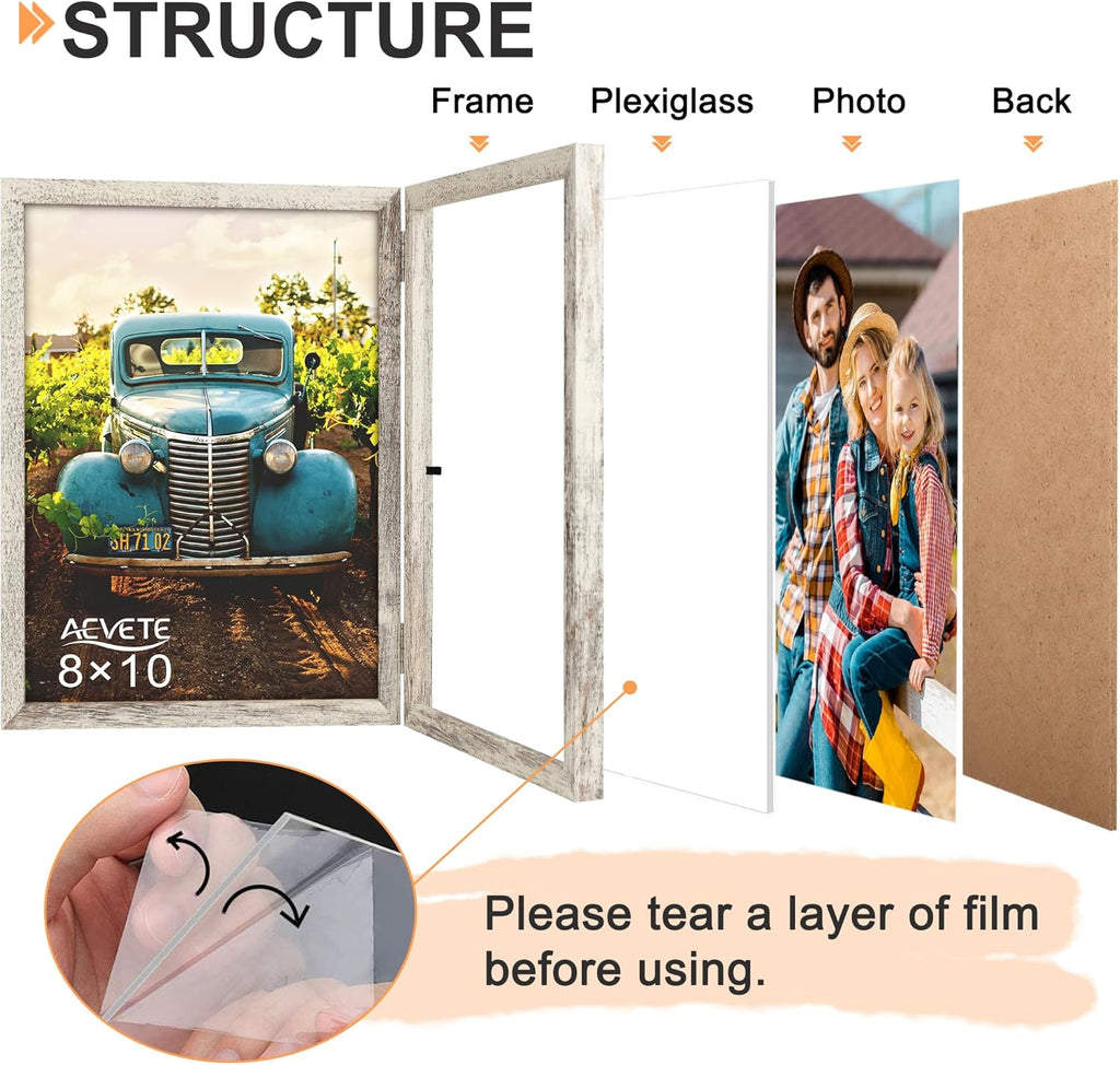 8X10 Picture Frames Double Hinged Wood Folding Photo Frames Vertical with Plexiglass Front, Distressed White