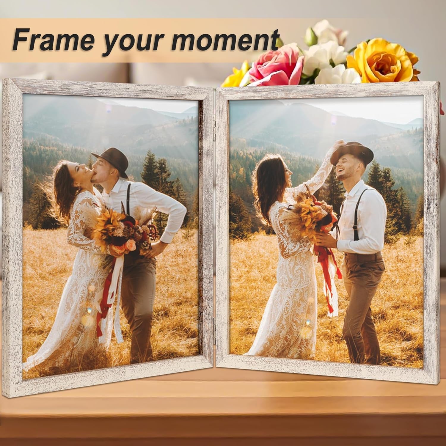 8X10 Picture Frames Double Hinged Wood Folding Photo Frames Vertical with Plexiglass Front, Distressed White