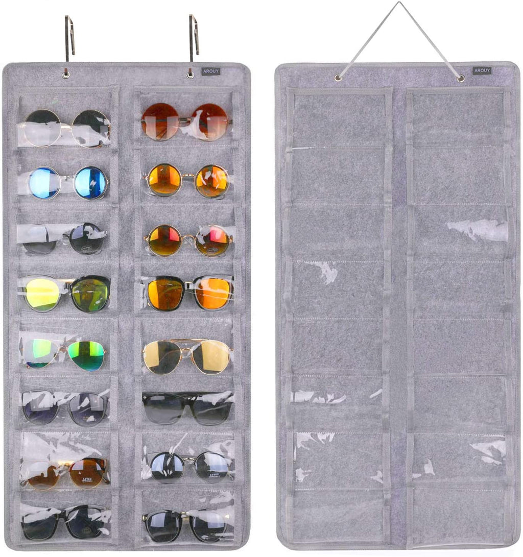 Sunglasses Organizer - Hanging Wall Pocket with 16 Felt Slots, Metal Hook and Sturdy Rope (Gray, Dust Proof)