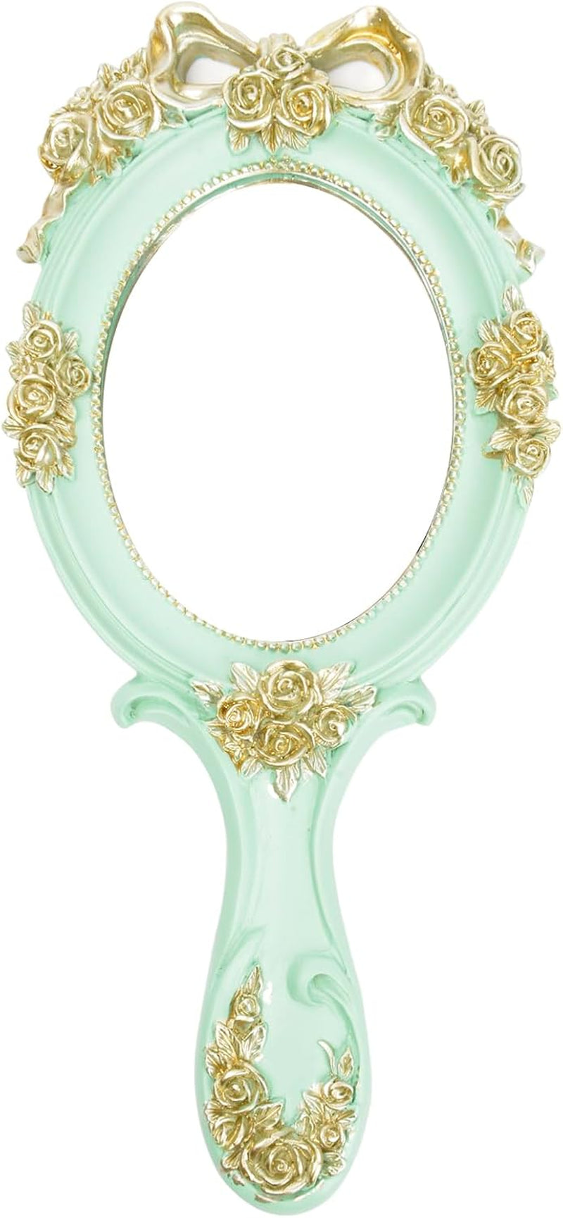 Handheld Mirror Vanity Makeup Mirror Travel Princess Metal Cosmetic Mirror Portable Oval Embossed Rose Mirrors Decorative Desk Girl Student Vintage Beautiful Handle Mirrors Blue-3