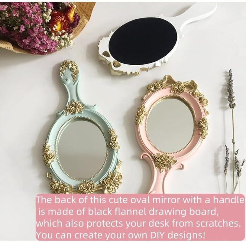 Handheld Mirror Vanity Makeup Mirror Travel Princess Metal Cosmetic Mirror Portable Oval Embossed Rose Mirrors Decorative Desk Girl Student Vintage Beautiful Handle Mirrors Blue-3