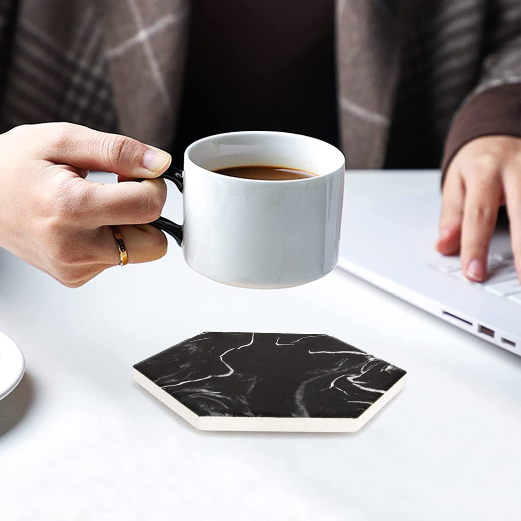 Cool Black Marble Coaster Set with Holder Hexagon Absorbent Coasters Modern Ceramic Coster 6 Pack Best Stone Drink Coaster Beverage Coffee Table Decor Funny Bar Desk Cup Coasters