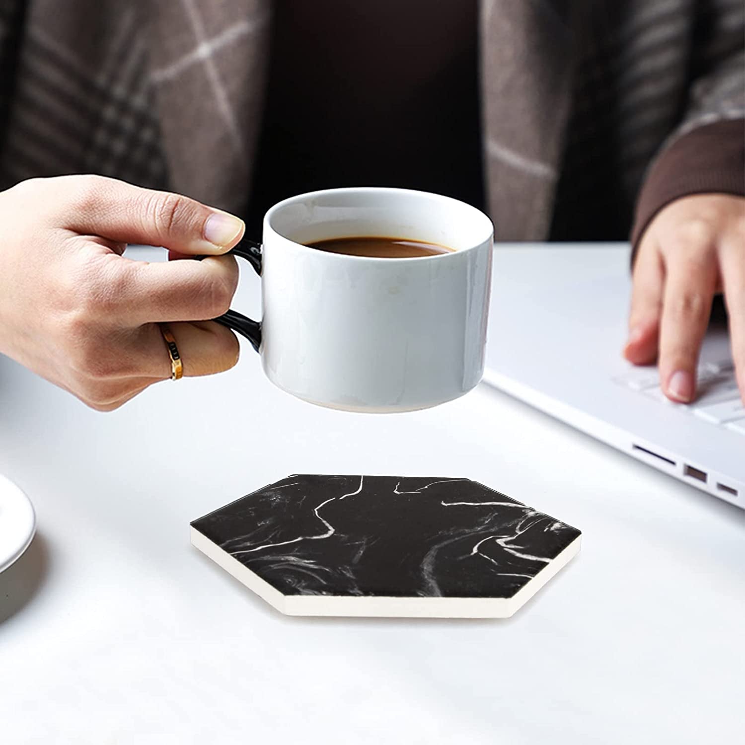 Cool Black Marble Coaster Set with Holder Hexagon Absorbent Coasters Modern Ceramic Coster 6 Pack Best Stone Drink Coaster Beverage Coffee Table Decor Funny Bar Desk Cup Coasters