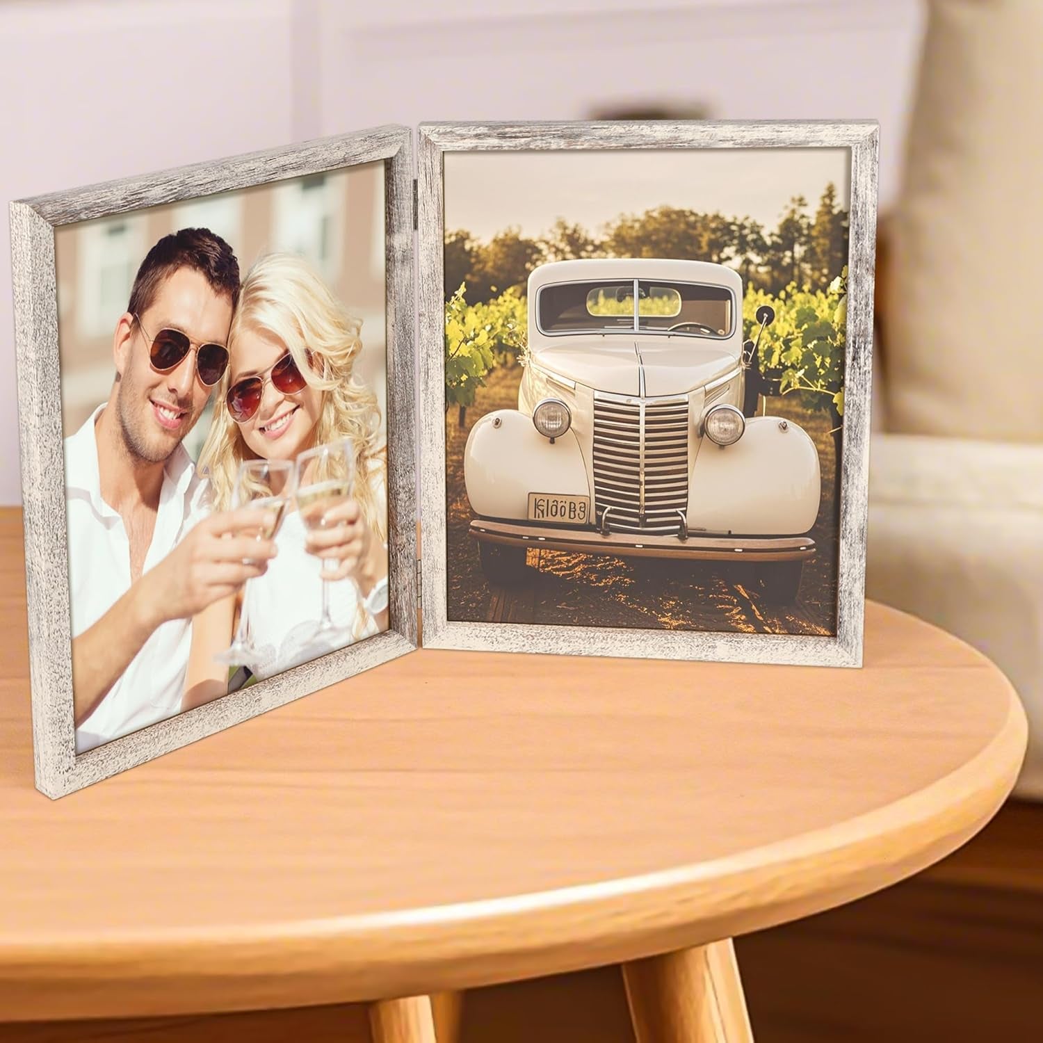 8X10 Picture Frames Double Hinged Wood Folding Photo Frames Vertical with Plexiglass Front, Distressed White