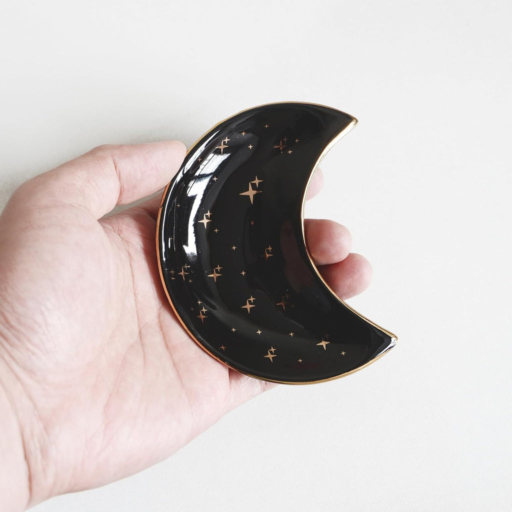 Small Moon Jewelry Dish Tray, Decorative Ceramic Trinket Dish, Modern Accent Tray for Vanity, Black