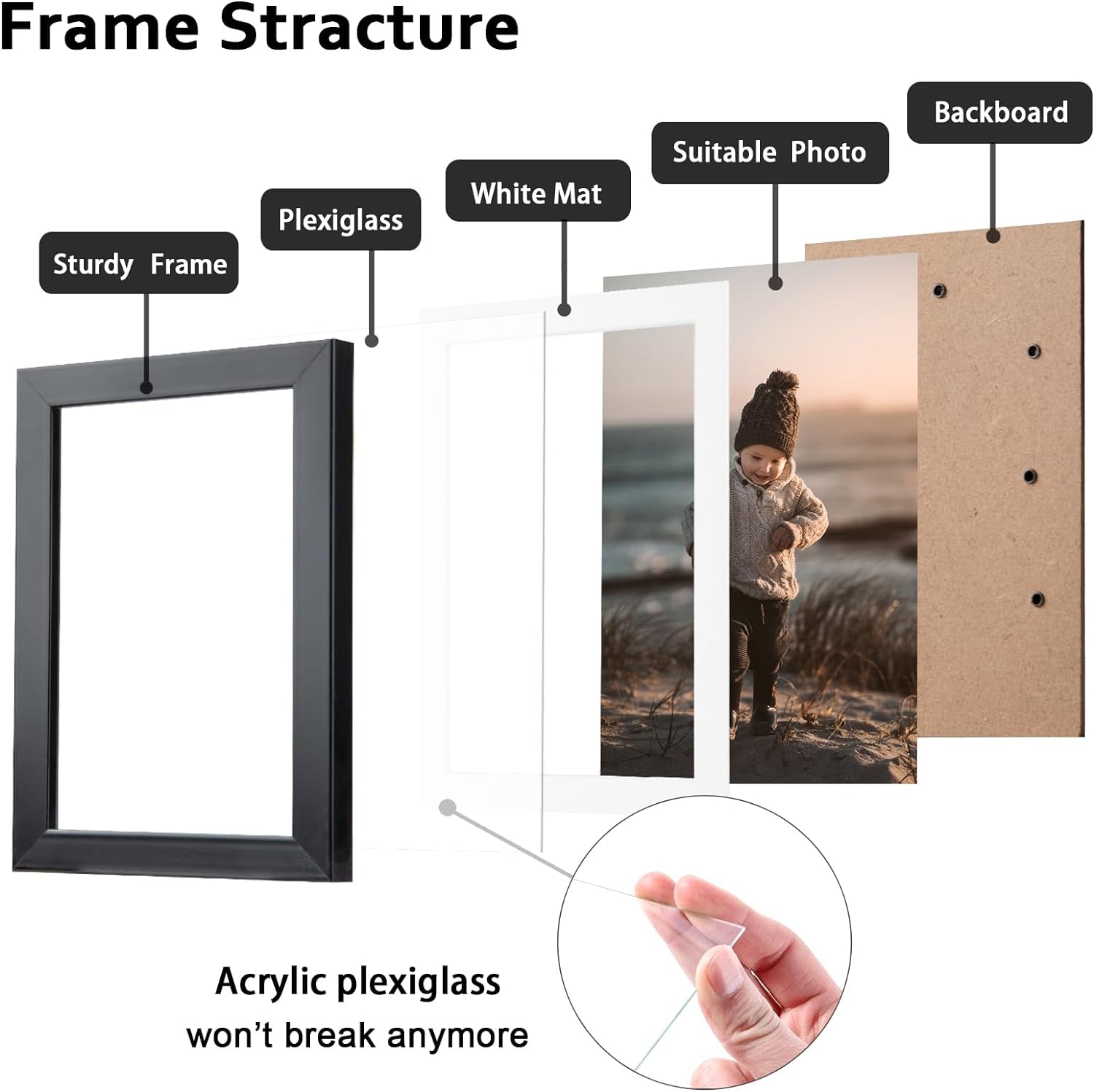 5X7 Picture Frame Black Set of 4, Wooden Photo Frames Matted 4X6 with Plexiglass for 4X6 with Mat or 5X7 without Mat for Table and Wall Display