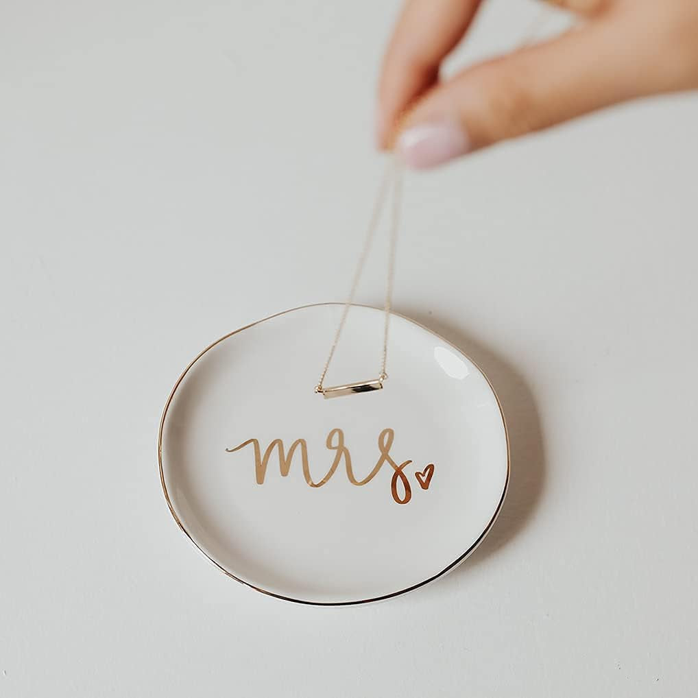 Mrs. Engagement Ring Dish - Ceramic Wedding Ring Dish Holder for Future Mrs - Ring Tray for Jewelry with Gold Foil Accents & Designs - Jewelry Dishes for Women Fiance & Bridal Shower