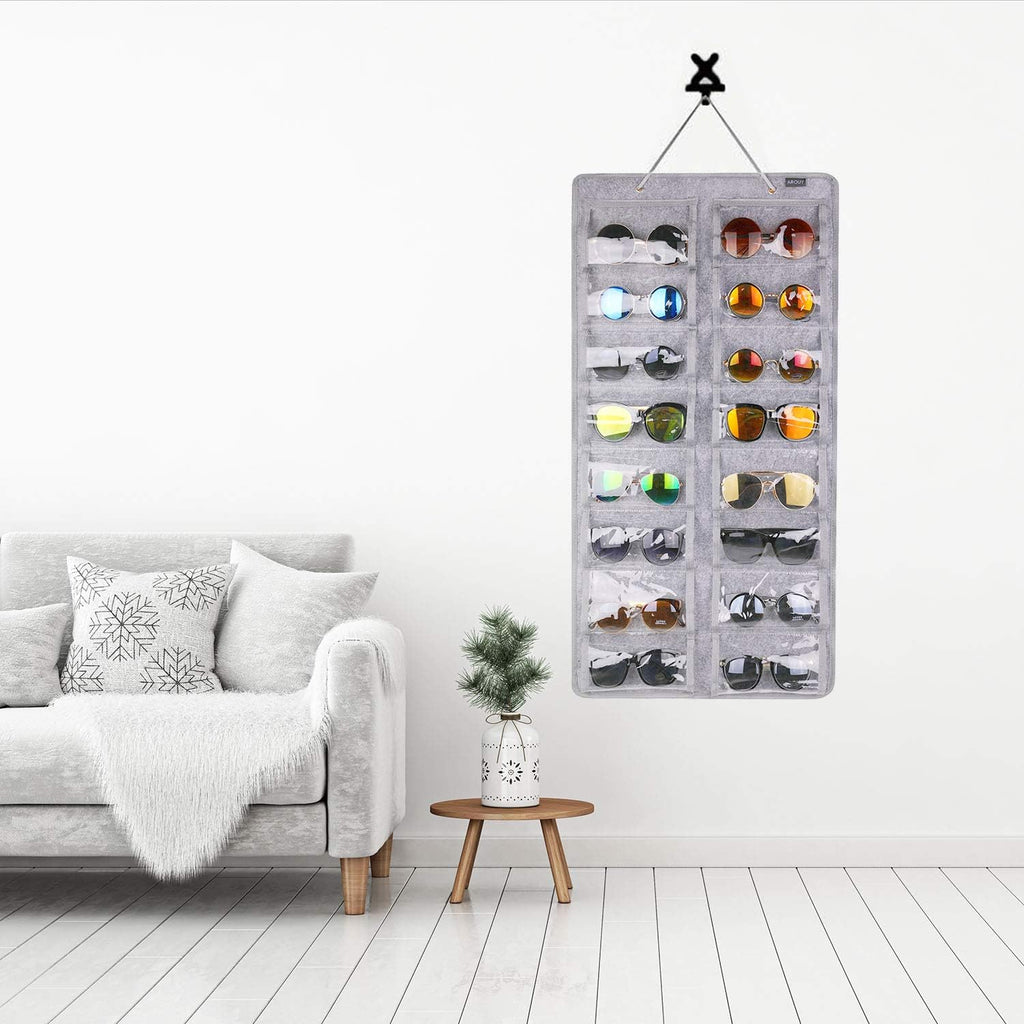 Sunglasses Organizer - Hanging Wall Pocket with 16 Felt Slots, Metal Hook and Sturdy Rope (Gray, Dust Proof)