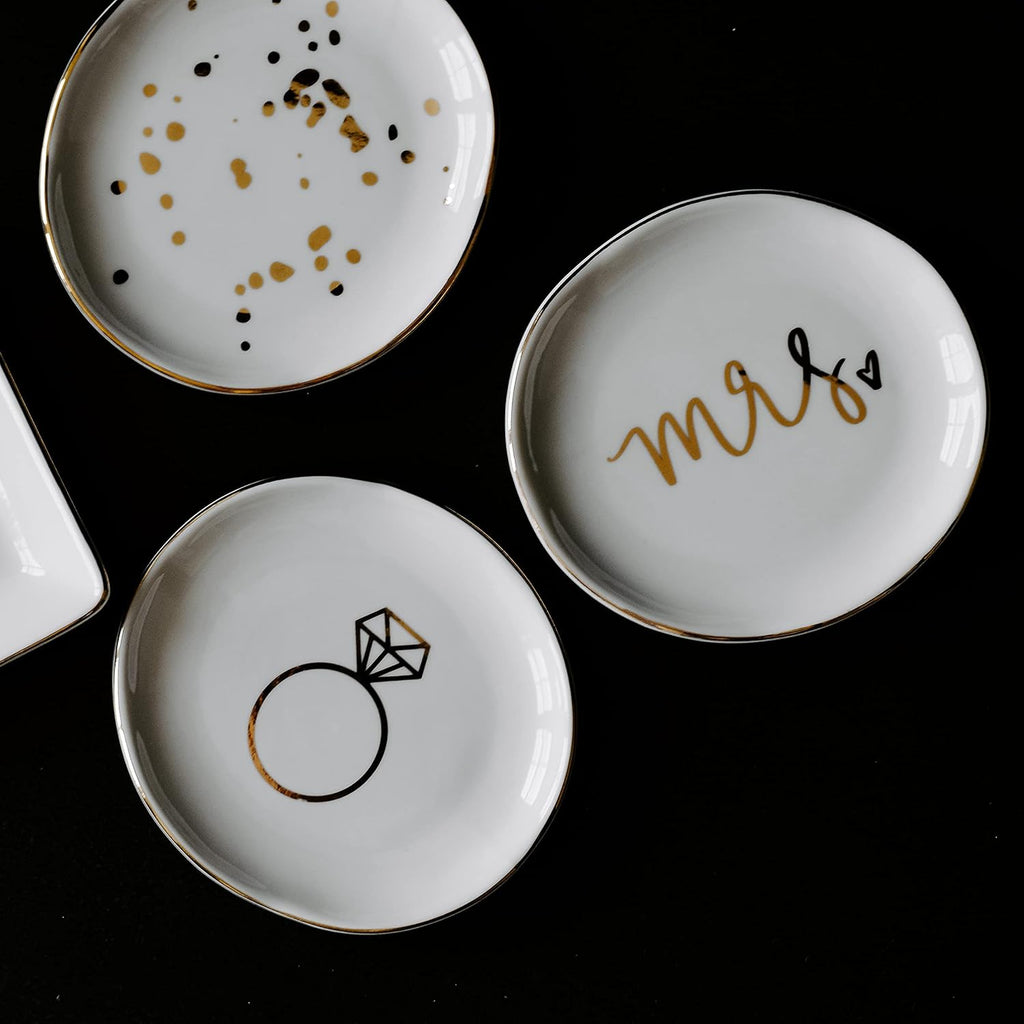 Mrs. Engagement Ring Dish - Ceramic Wedding Ring Dish Holder for Future Mrs - Ring Tray for Jewelry with Gold Foil Accents & Designs - Jewelry Dishes for Women Fiance & Bridal Shower