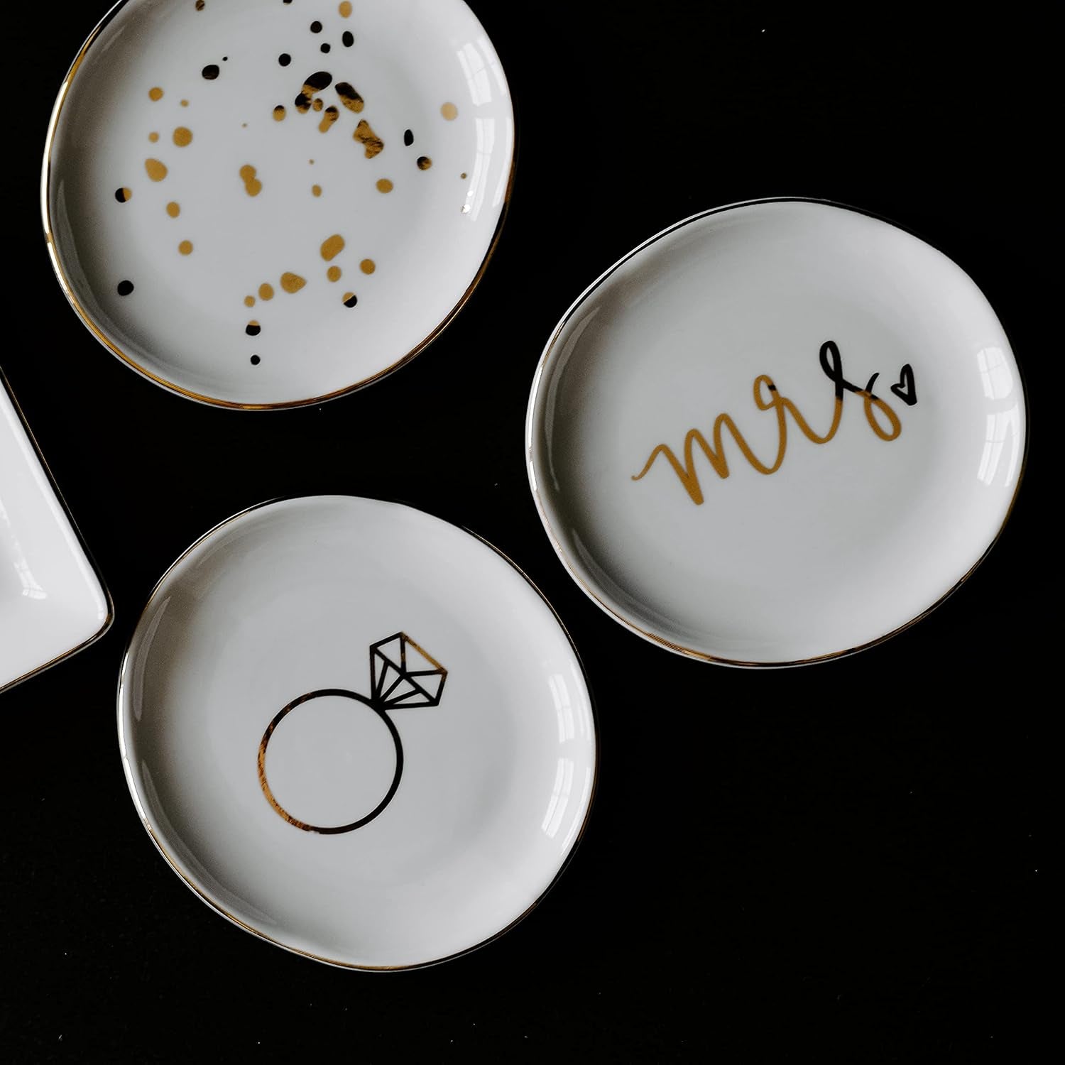 Mrs. Engagement Ring Dish - Ceramic Wedding Ring Dish Holder for Future Mrs - Ring Tray for Jewelry with Gold Foil Accents & Designs - Jewelry Dishes for Women Fiance & Bridal Shower
