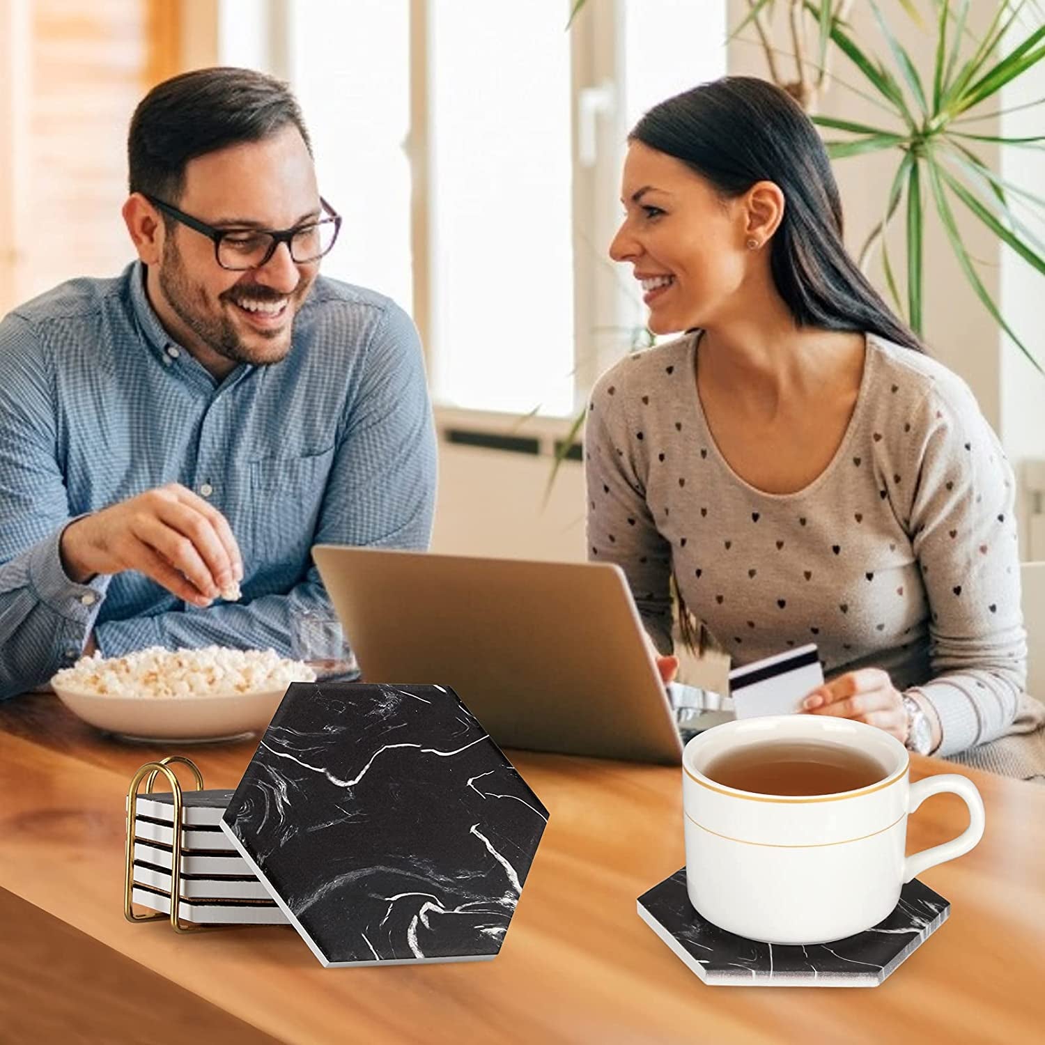 Cool Black Marble Coaster Set with Holder Hexagon Absorbent Coasters Modern Ceramic Coster 6 Pack Best Stone Drink Coaster Beverage Coffee Table Decor Funny Bar Desk Cup Coasters