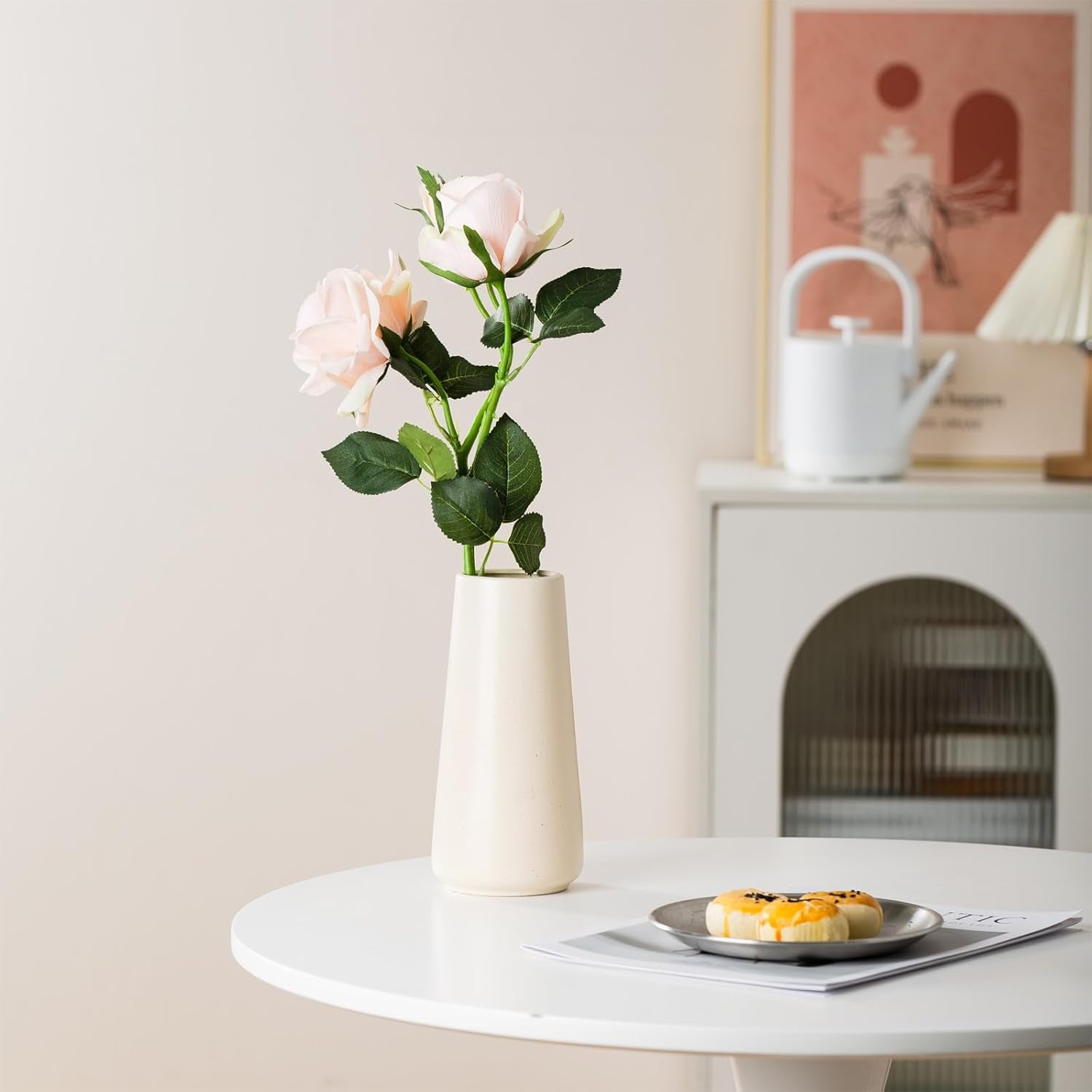 Beige Ceramic Vase - 8“ Neutral Vase Home Decor, Boho off White Vase, Cream Vases for Flower, Minimalist Modern Ivory Vases for Centerpieces, Room Decor, Living Room, Bedroom