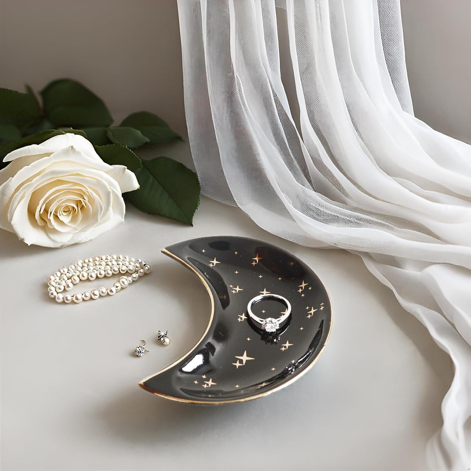 Small Moon Jewelry Dish Tray, Decorative Ceramic Trinket Dish, Modern Accent Tray for Vanity, Black