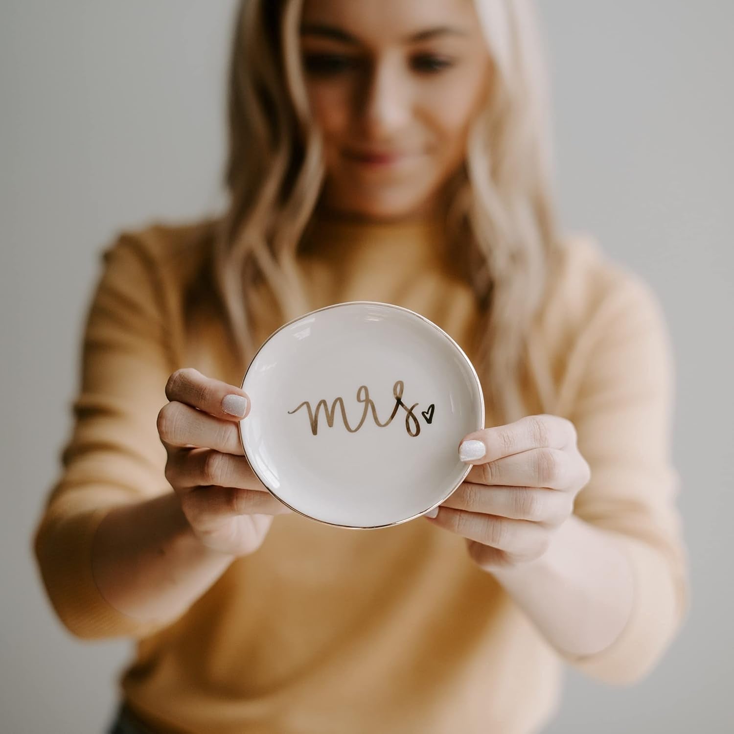 Mrs. Engagement Ring Dish - Ceramic Wedding Ring Dish Holder for Future Mrs - Ring Tray for Jewelry with Gold Foil Accents & Designs - Jewelry Dishes for Women Fiance & Bridal Shower