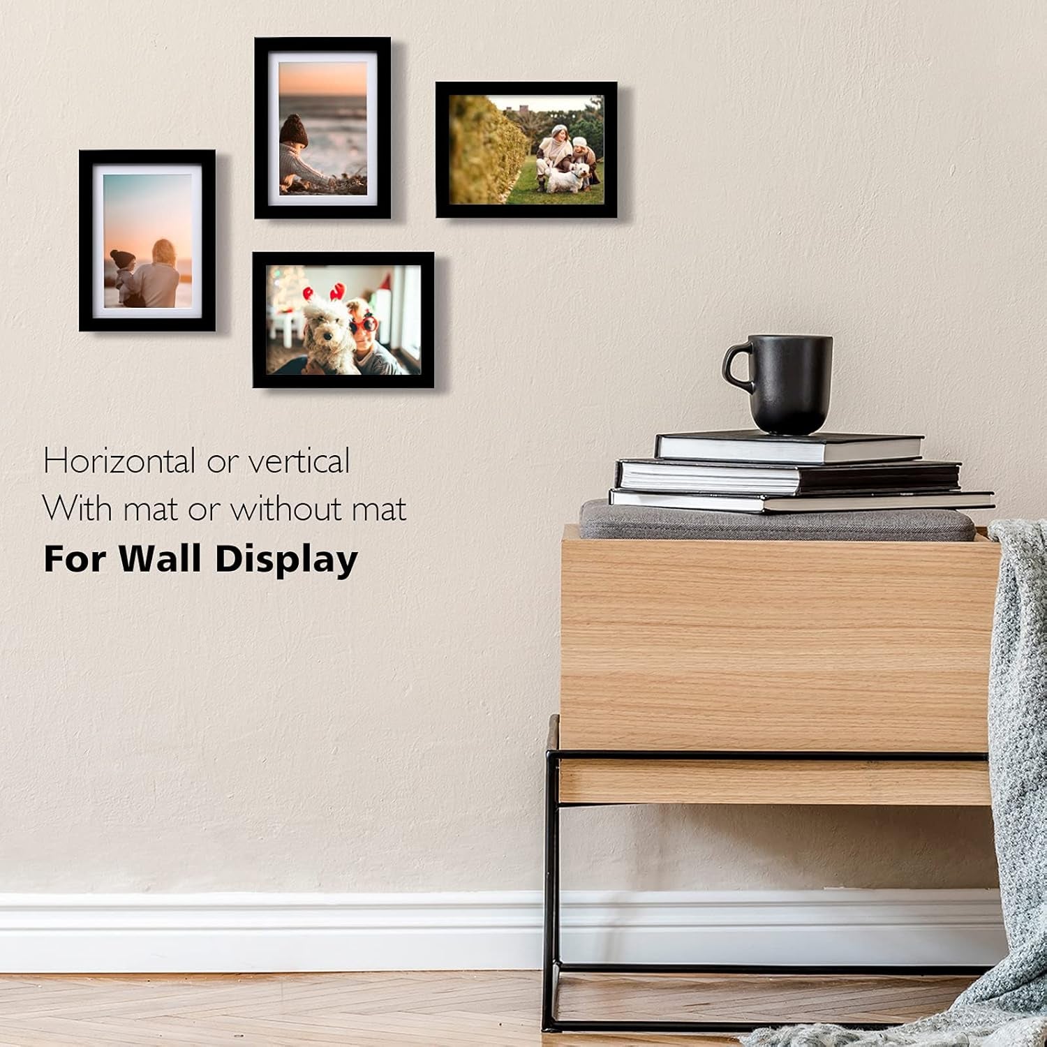 5X7 Picture Frame Black Set of 4, Wooden Photo Frames Matted 4X6 with Plexiglass for 4X6 with Mat or 5X7 without Mat for Table and Wall Display