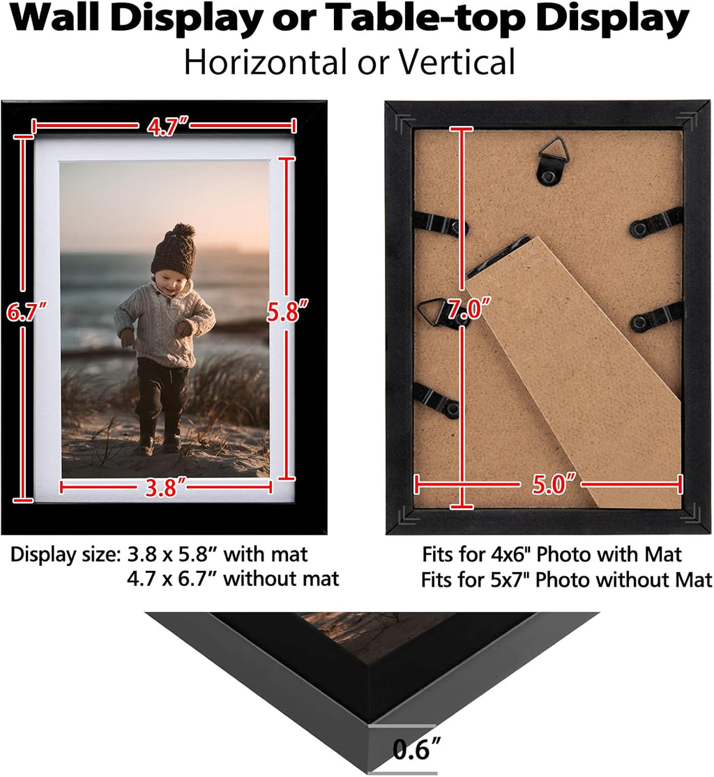 5X7 Picture Frame Black Set of 4, Wooden Photo Frames Matted 4X6 with Plexiglass for 4X6 with Mat or 5X7 without Mat for Table and Wall Display