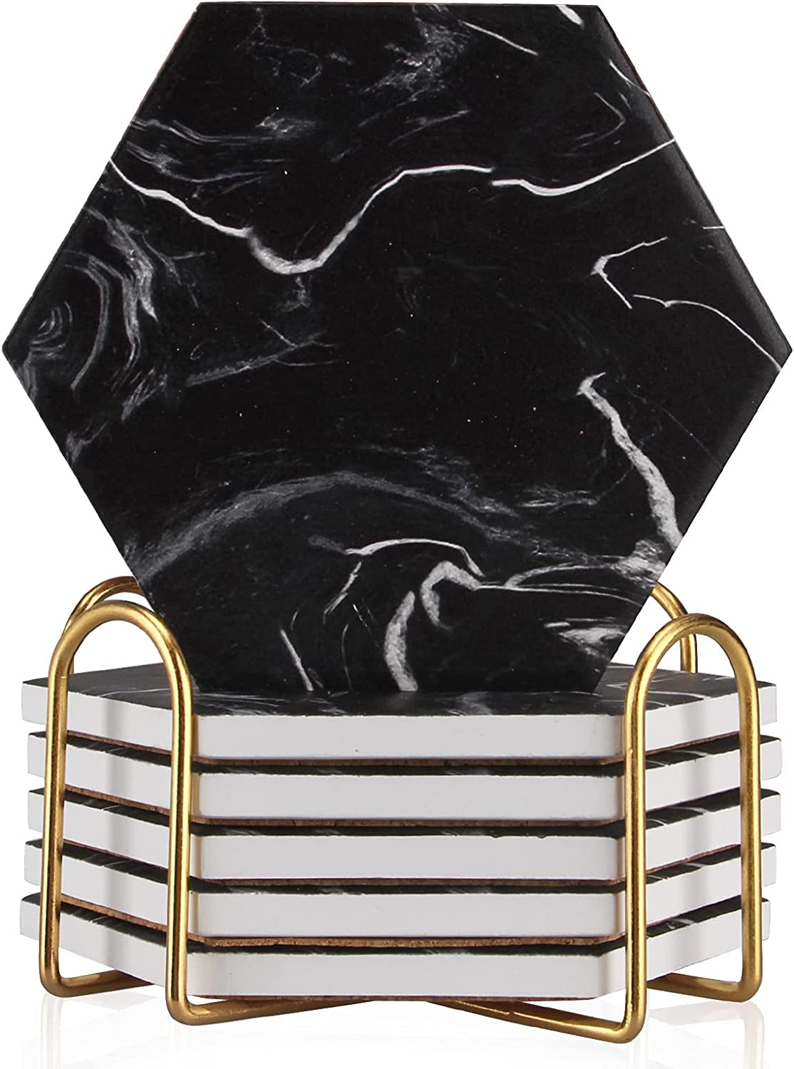 Cool Black Marble Coaster Set with Holder Hexagon Absorbent Coasters Modern Ceramic Coster 6 Pack Best Stone Drink Coaster Beverage Coffee Table Decor Funny Bar Desk Cup Coasters
