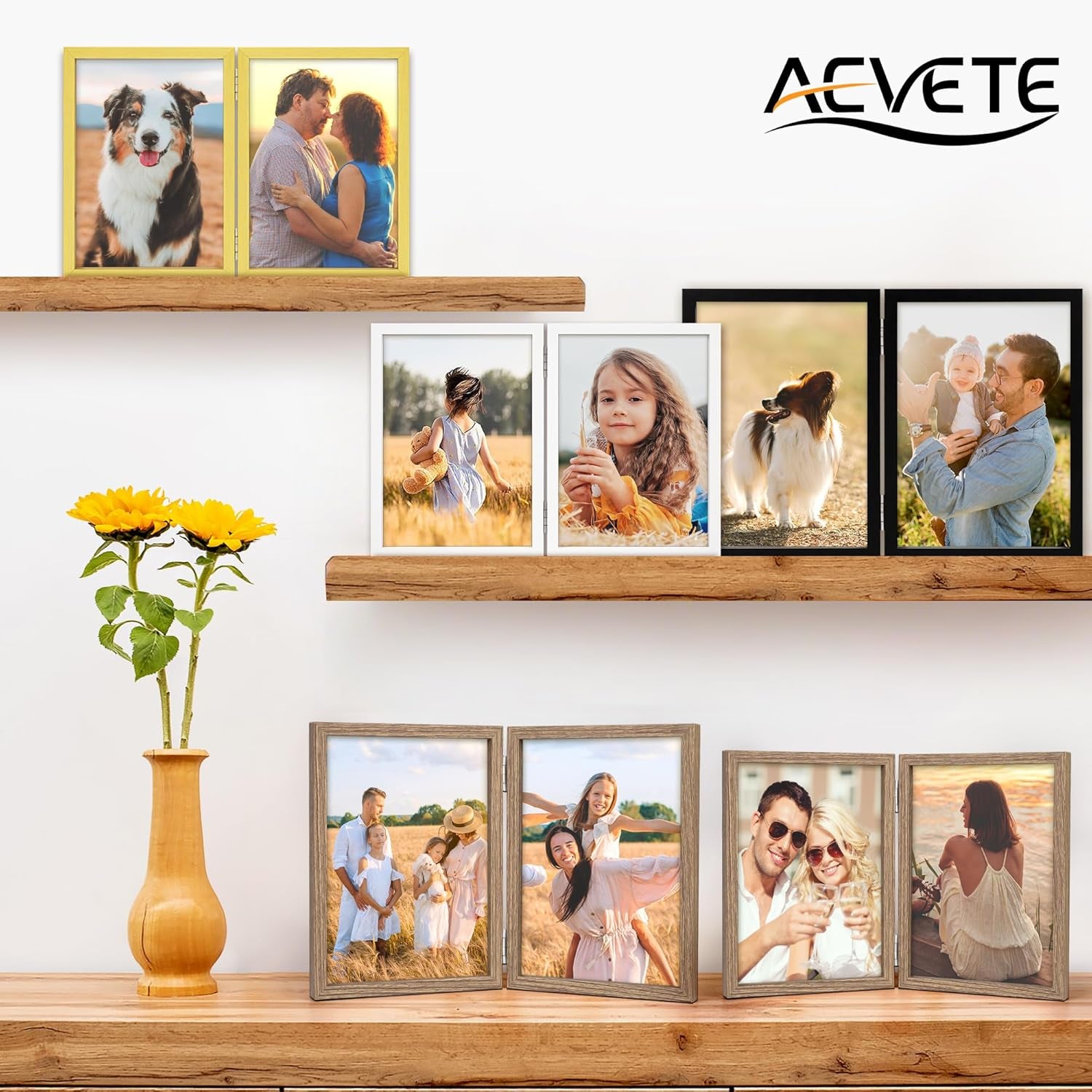8X10 Picture Frames Double Hinged Wood Folding Photo Frames Vertical with Plexiglass Front, Distressed White