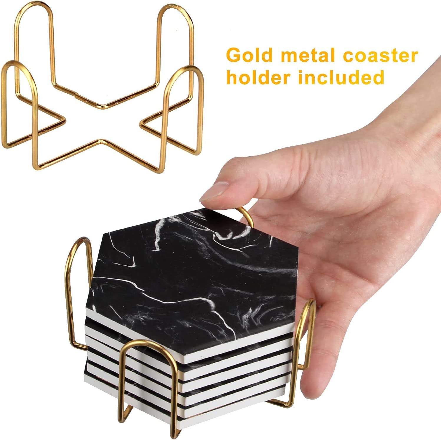 Cool Black Marble Coaster Set with Holder Hexagon Absorbent Coasters Modern Ceramic Coster 6 Pack Best Stone Drink Coaster Beverage Coffee Table Decor Funny Bar Desk Cup Coasters
