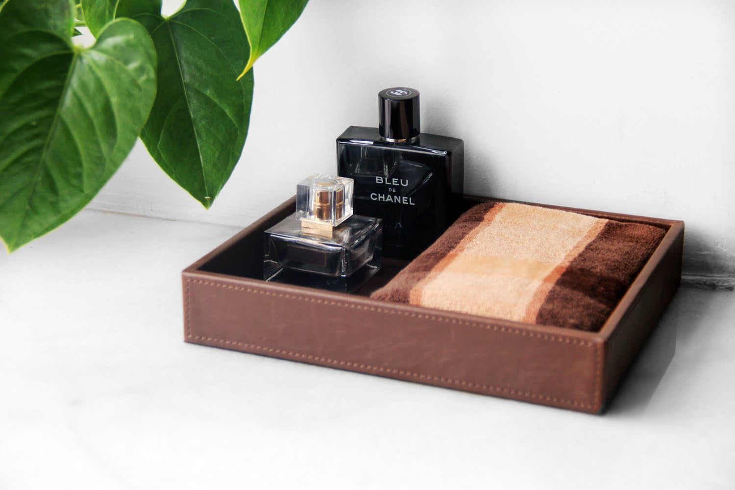 Decorative Vanity Tray, Desktop Storage Organizer, Catchall Tray, Valet Tray, Nightstand or Dresser Organizer, PU Faux Leather Bathroom Tray, Brown, 10.2 X 8.4 X 1.8 Inches