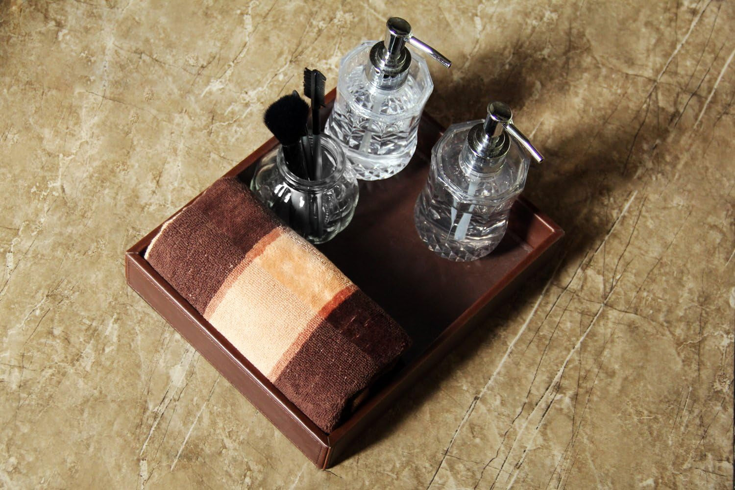 Decorative Vanity Tray, Desktop Storage Organizer, Catchall Tray, Valet Tray, Nightstand or Dresser Organizer, PU Faux Leather Bathroom Tray, Brown, 10.2 X 8.4 X 1.8 Inches
