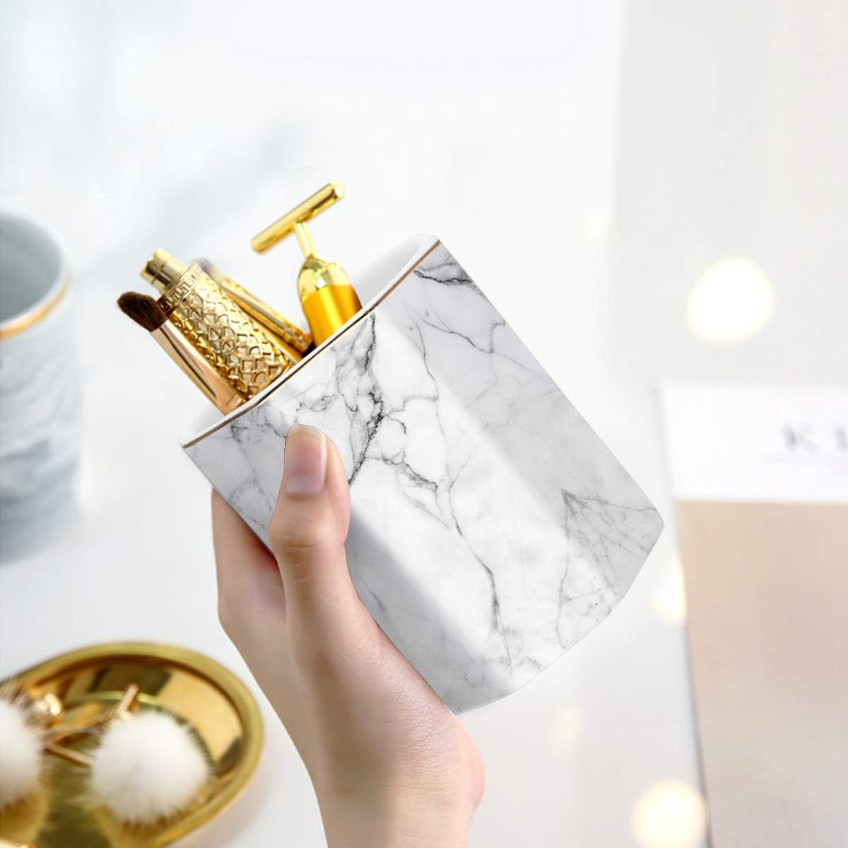 Pen Holder, Stand for Desk Pencil Cup for Girls Kids Durable Ceramic Desk Organizer Makeup Brush Holder for Office, Classroom, Home, White Marble