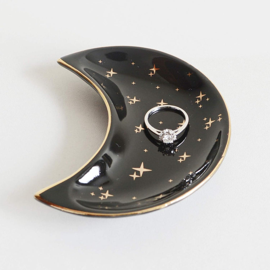 Small Moon Jewelry Dish Tray, Decorative Ceramic Trinket Dish, Modern Accent Tray for Vanity, Black