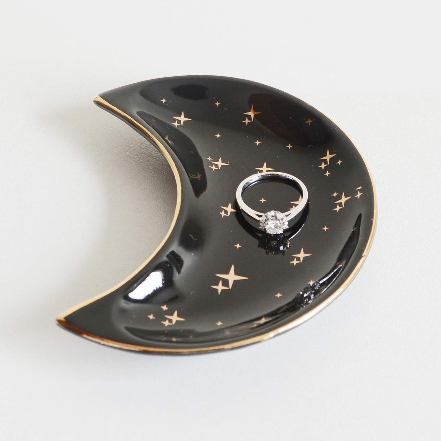 Small Moon Jewelry Dish Tray, Decorative Ceramic Trinket Dish, Modern Accent Tray for Vanity, Black