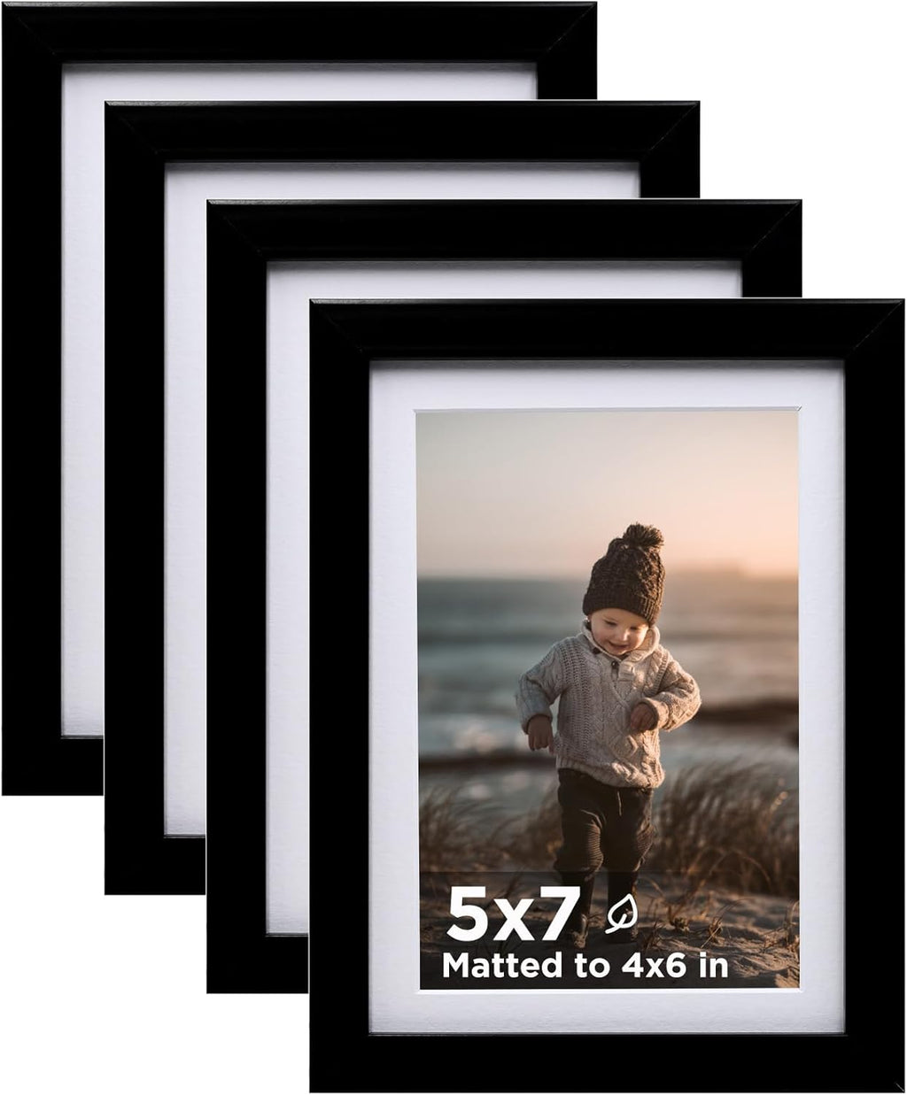 5X7 Picture Frame Black Set of 4, Wooden Photo Frames Matted 4X6 with Plexiglass for 4X6 with Mat or 5X7 without Mat for Table and Wall Display