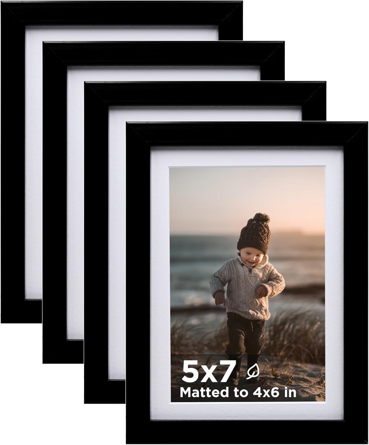 5X7 Picture Frame Black Set of 4, Wooden Photo Frames Matted 4X6 with Plexiglass for 4X6 with Mat or 5X7 without Mat for Table and Wall Display