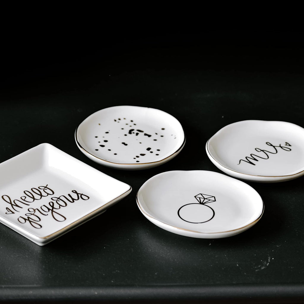 Mrs. Engagement Ring Dish - Ceramic Wedding Ring Dish Holder for Future Mrs - Ring Tray for Jewelry with Gold Foil Accents & Designs - Jewelry Dishes for Women Fiance & Bridal Shower