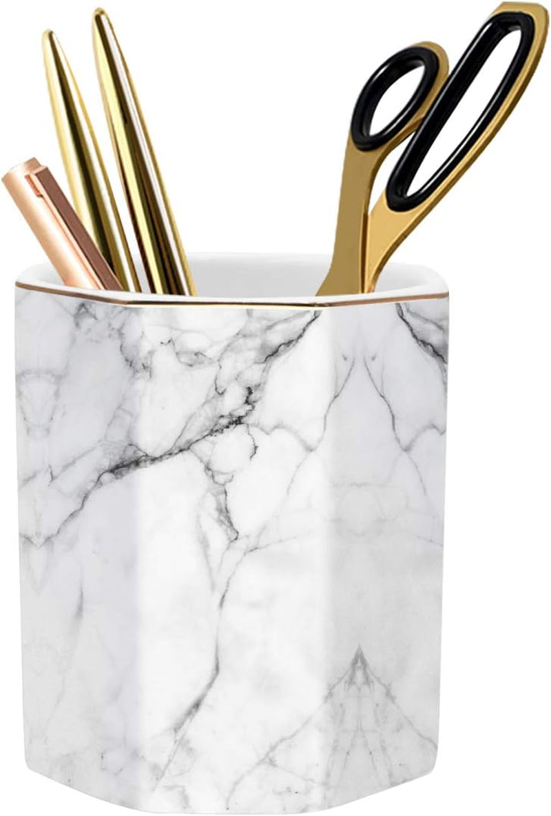 Pen Holder, Stand for Desk Pencil Cup for Girls Kids Durable Ceramic Desk Organizer Makeup Brush Holder for Office, Classroom, Home, White Marble