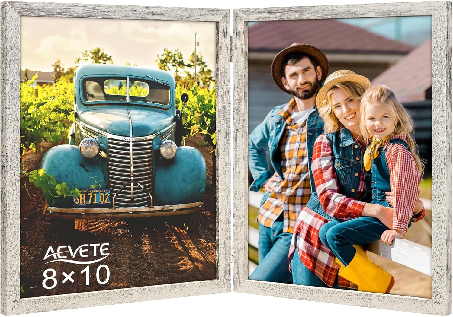 8X10 Picture Frames Double Hinged Wood Folding Photo Frames Vertical with Plexiglass Front, Distressed White