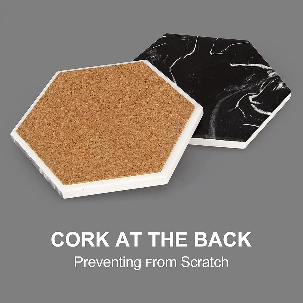 Cool Black Marble Coaster Set with Holder Hexagon Absorbent Coasters Modern Ceramic Coster 6 Pack Best Stone Drink Coaster Beverage Coffee Table Decor Funny Bar Desk Cup Coasters