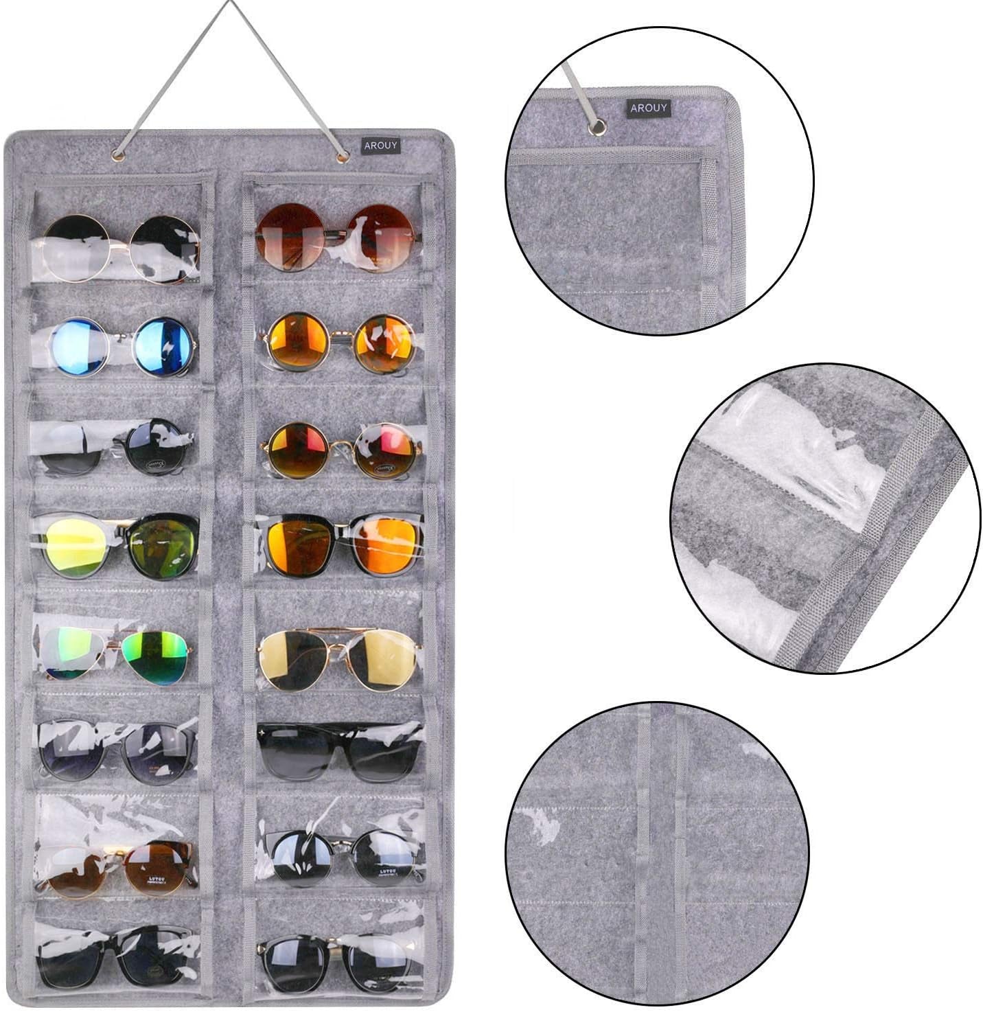 Sunglasses Organizer - Hanging Wall Pocket with 16 Felt Slots, Metal Hook and Sturdy Rope (Gray, Dust Proof)