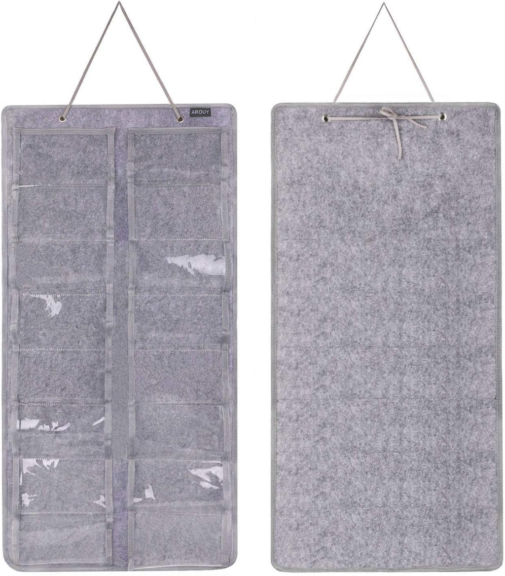 Sunglasses Organizer - Hanging Wall Pocket with 16 Felt Slots, Metal Hook and Sturdy Rope (Gray, Dust Proof)