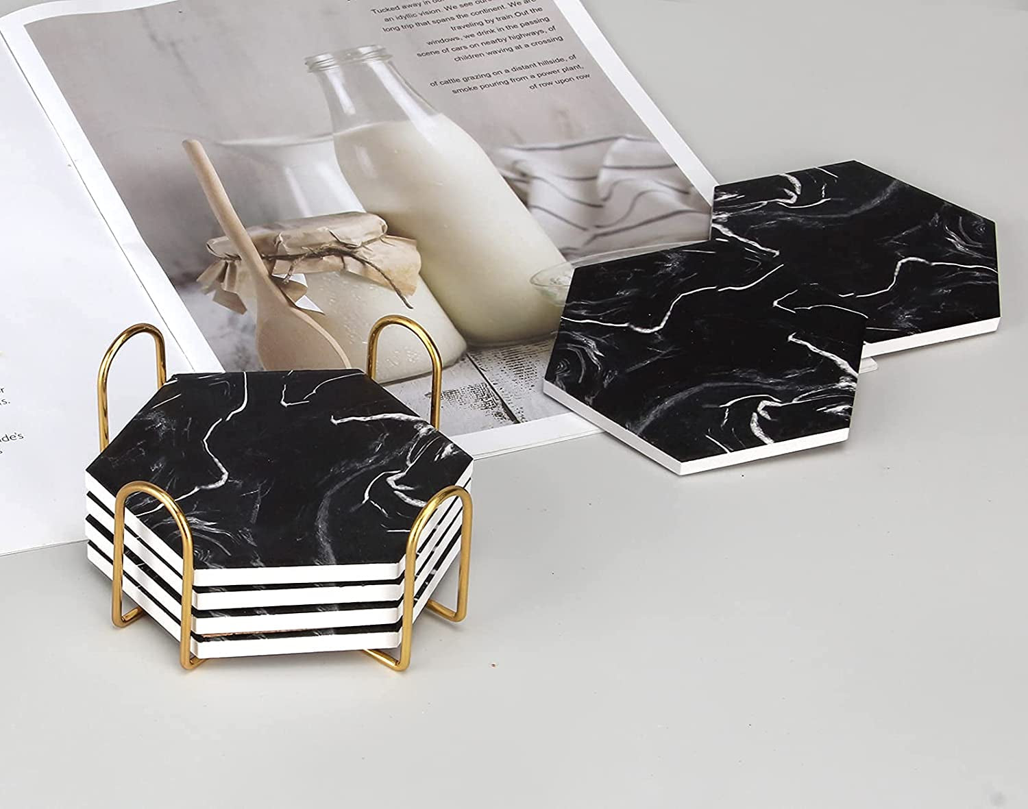 Cool Black Marble Coaster Set with Holder Hexagon Absorbent Coasters Modern Ceramic Coster 6 Pack Best Stone Drink Coaster Beverage Coffee Table Decor Funny Bar Desk Cup Coasters