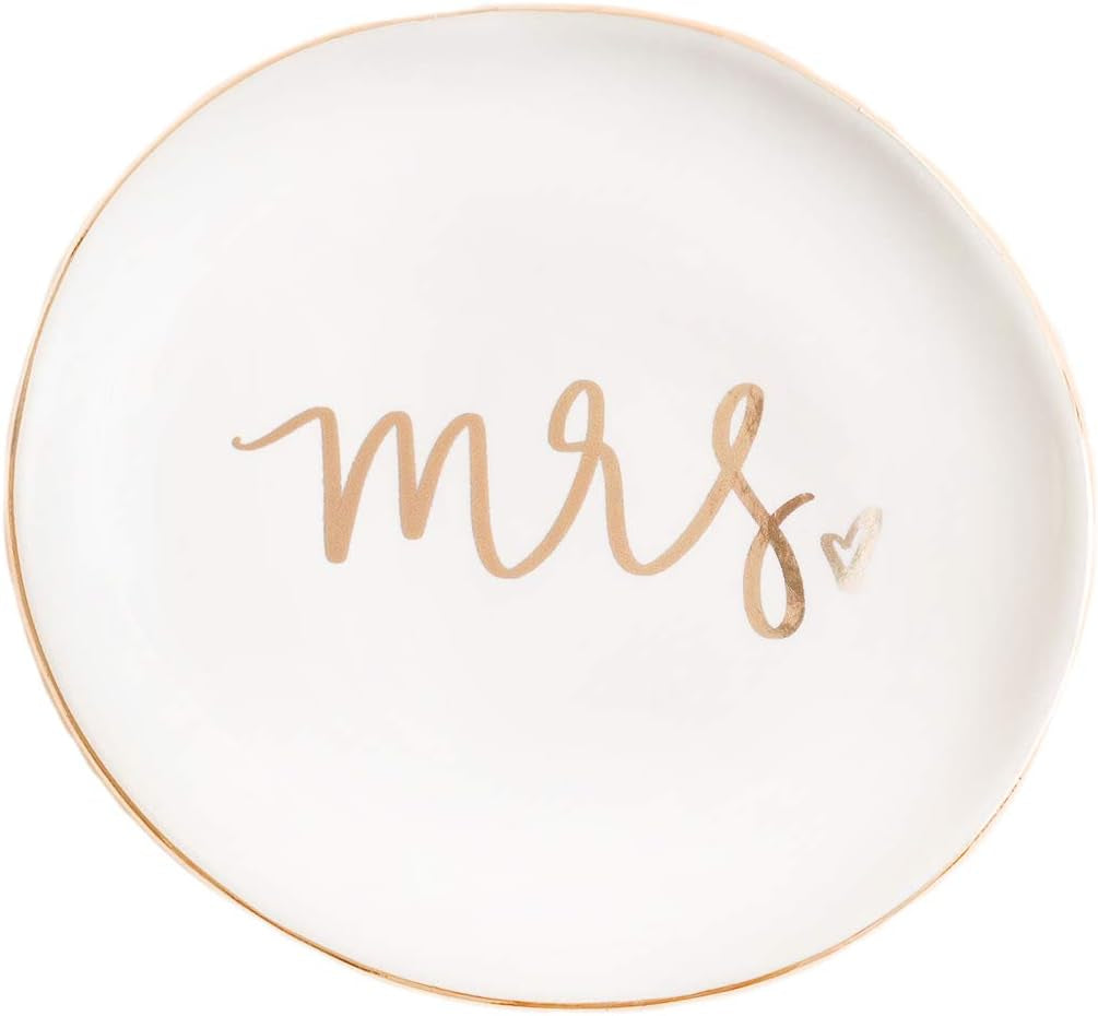 Mrs. Engagement Ring Dish - Ceramic Wedding Ring Dish Holder for Future Mrs - Ring Tray for Jewelry with Gold Foil Accents & Designs - Jewelry Dishes for Women Fiance & Bridal Shower