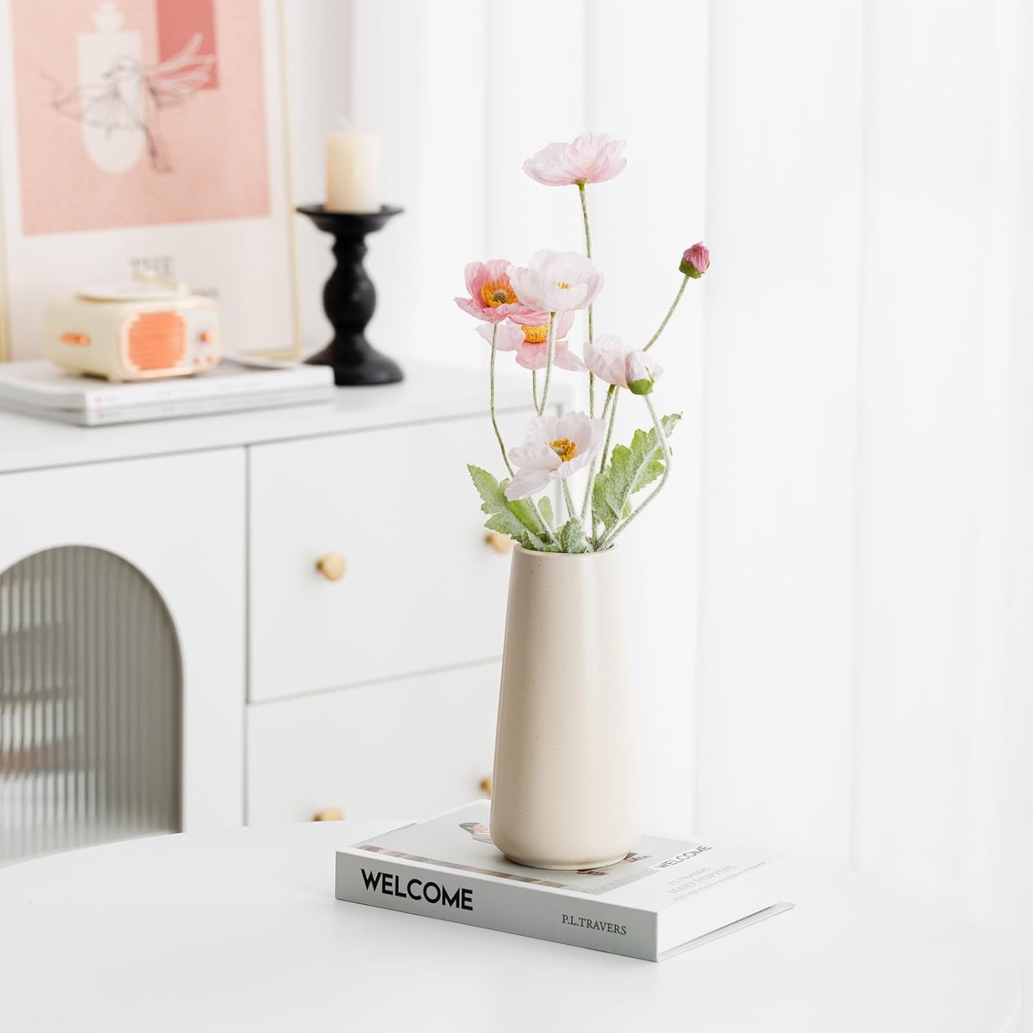 Beige Ceramic Vase - 8“ Neutral Vase Home Decor, Boho off White Vase, Cream Vases for Flower, Minimalist Modern Ivory Vases for Centerpieces, Room Decor, Living Room, Bedroom
