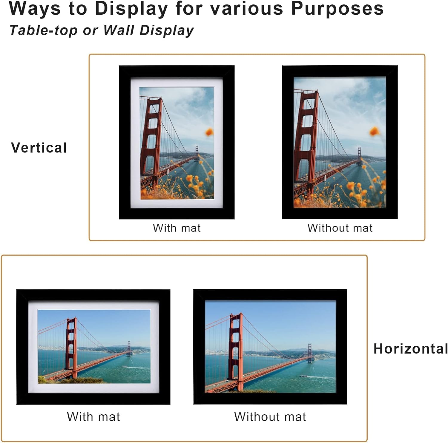 5X7 Picture Frame Black Set of 4, Wooden Photo Frames Matted 4X6 with Plexiglass for 4X6 with Mat or 5X7 without Mat for Table and Wall Display